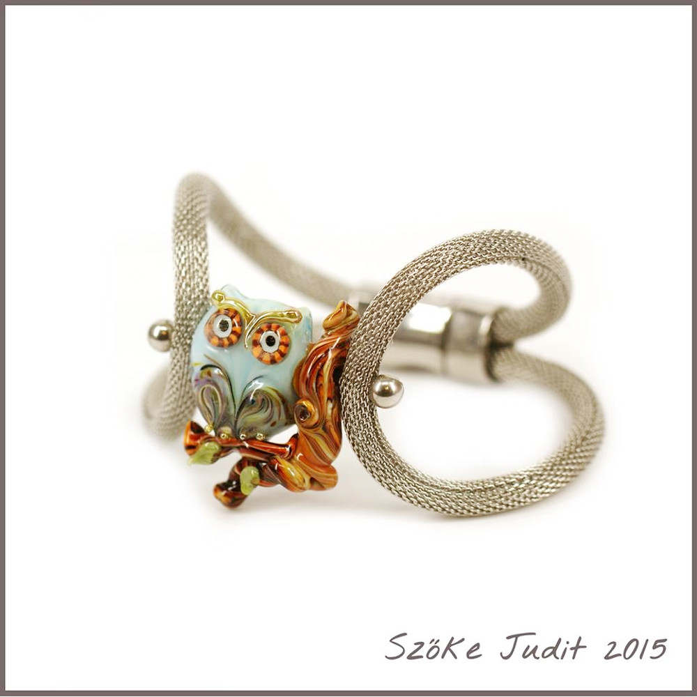 owl lampwork bead and bracelet